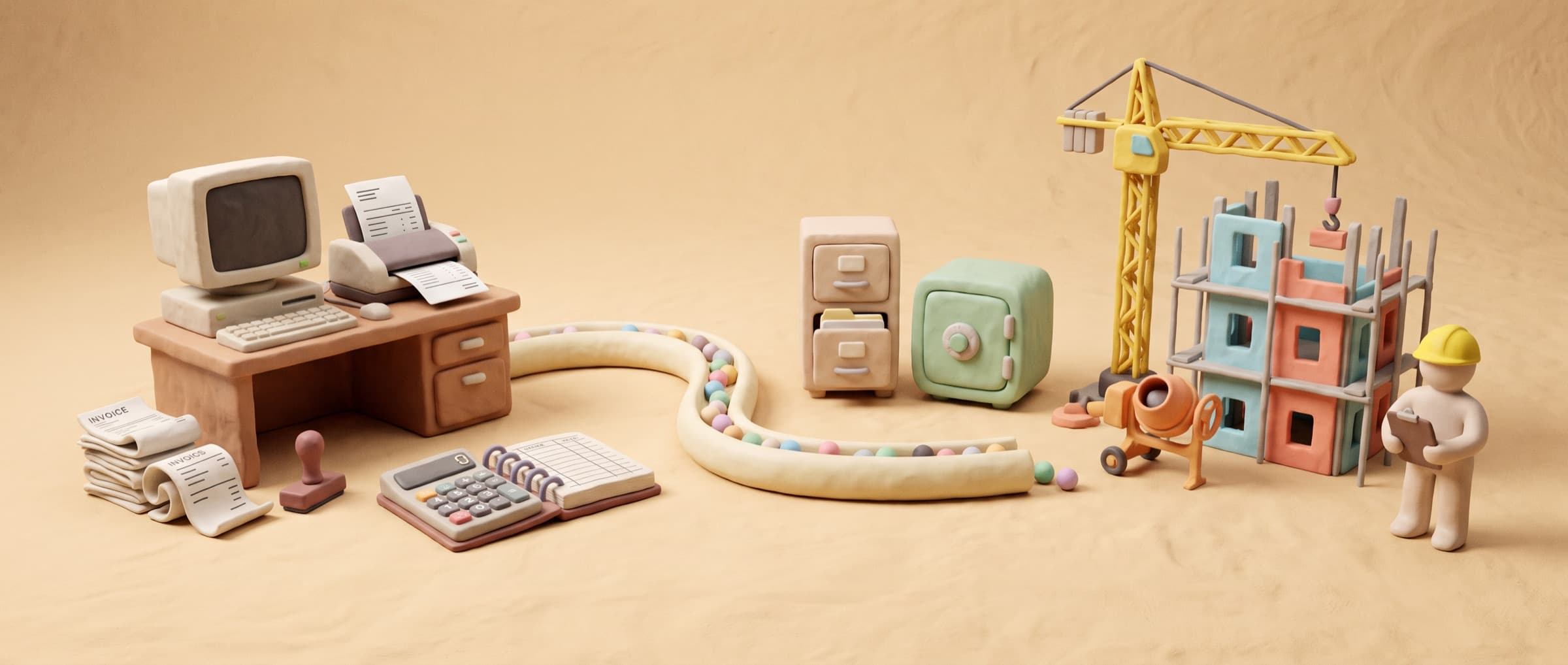 A clay back-office desk with a scanner, invoices and a ledger, linked by a tube to a filing cabinet and a small construction site with a crane.