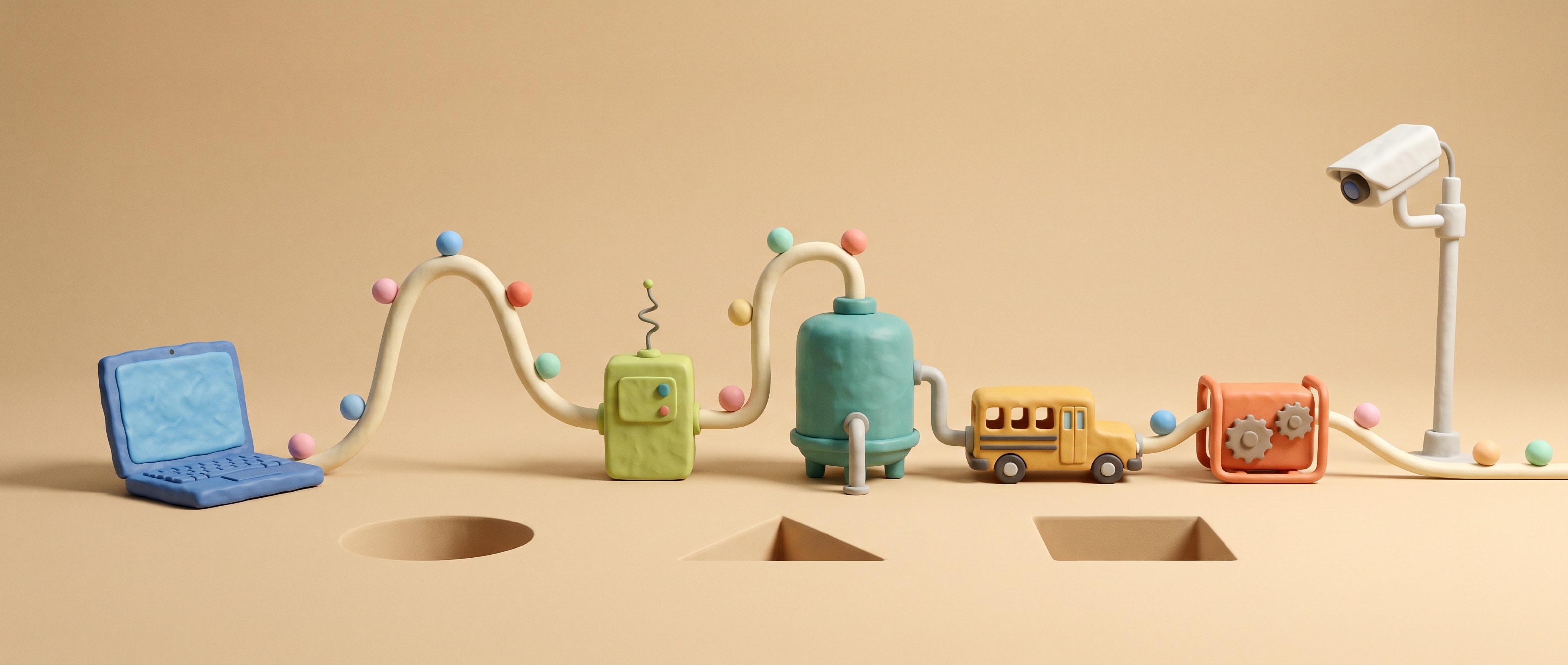 A clay machine running from a laptop on the left, through a sensor, a tank, a bus and a generator, to a camera on the right.