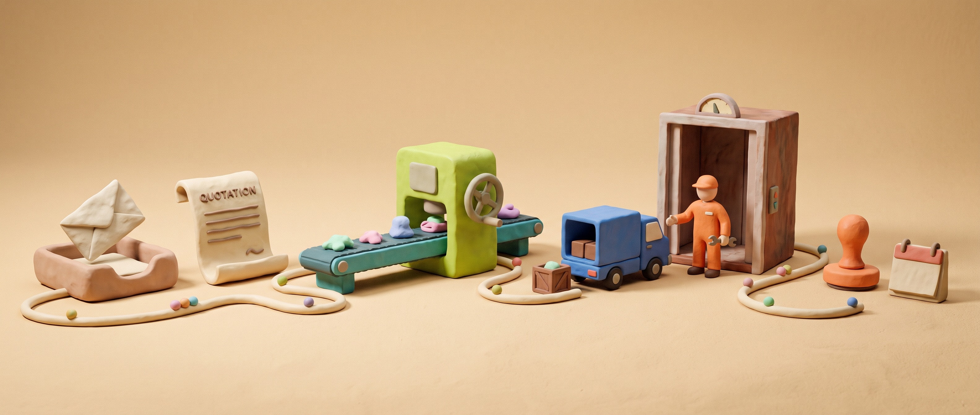 A clay production line: enquiry envelope, quotation, conveyor through a press, crate onto a truck, technician servicing an elevator, invoice stamp and calendar.