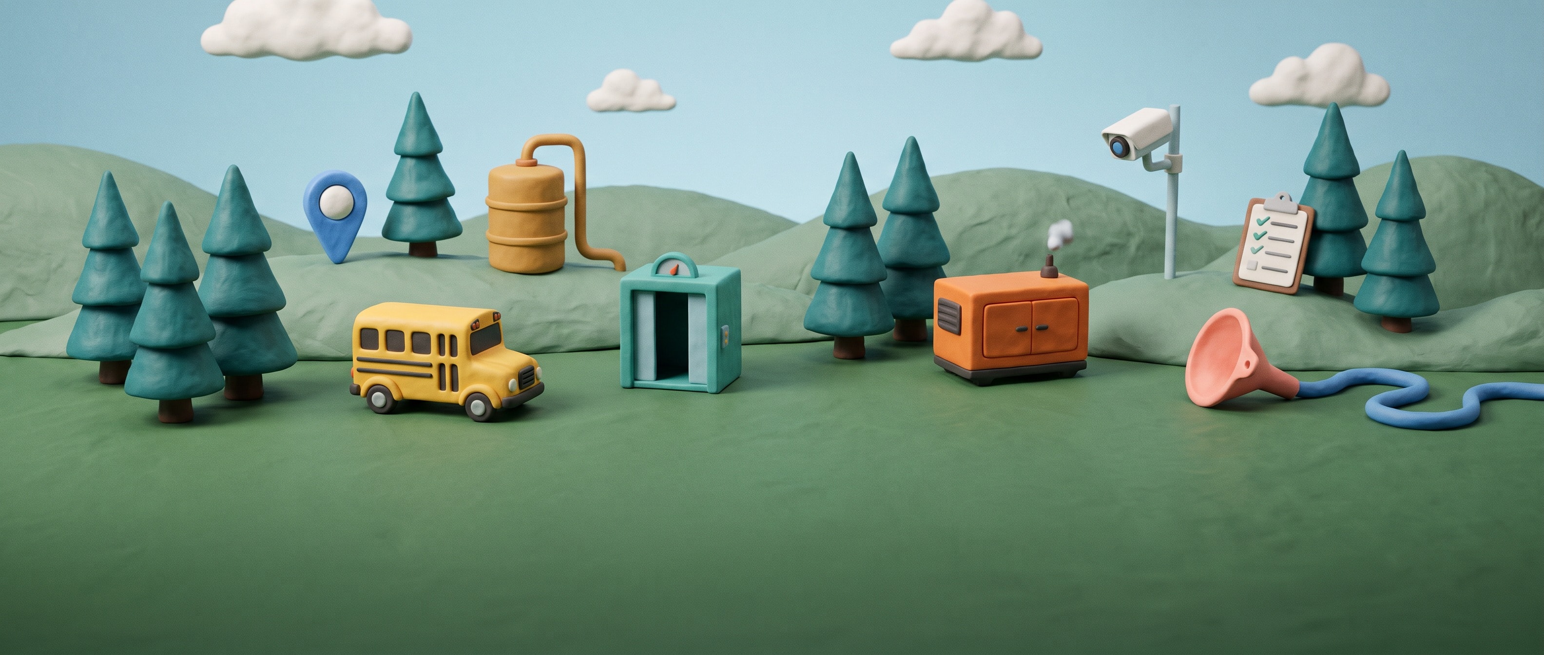 A clay diorama of rolling green hills carrying a school bus, an elevator, a water tank, a generator, a GPS pin and a camera, all linked by one long blue tube.