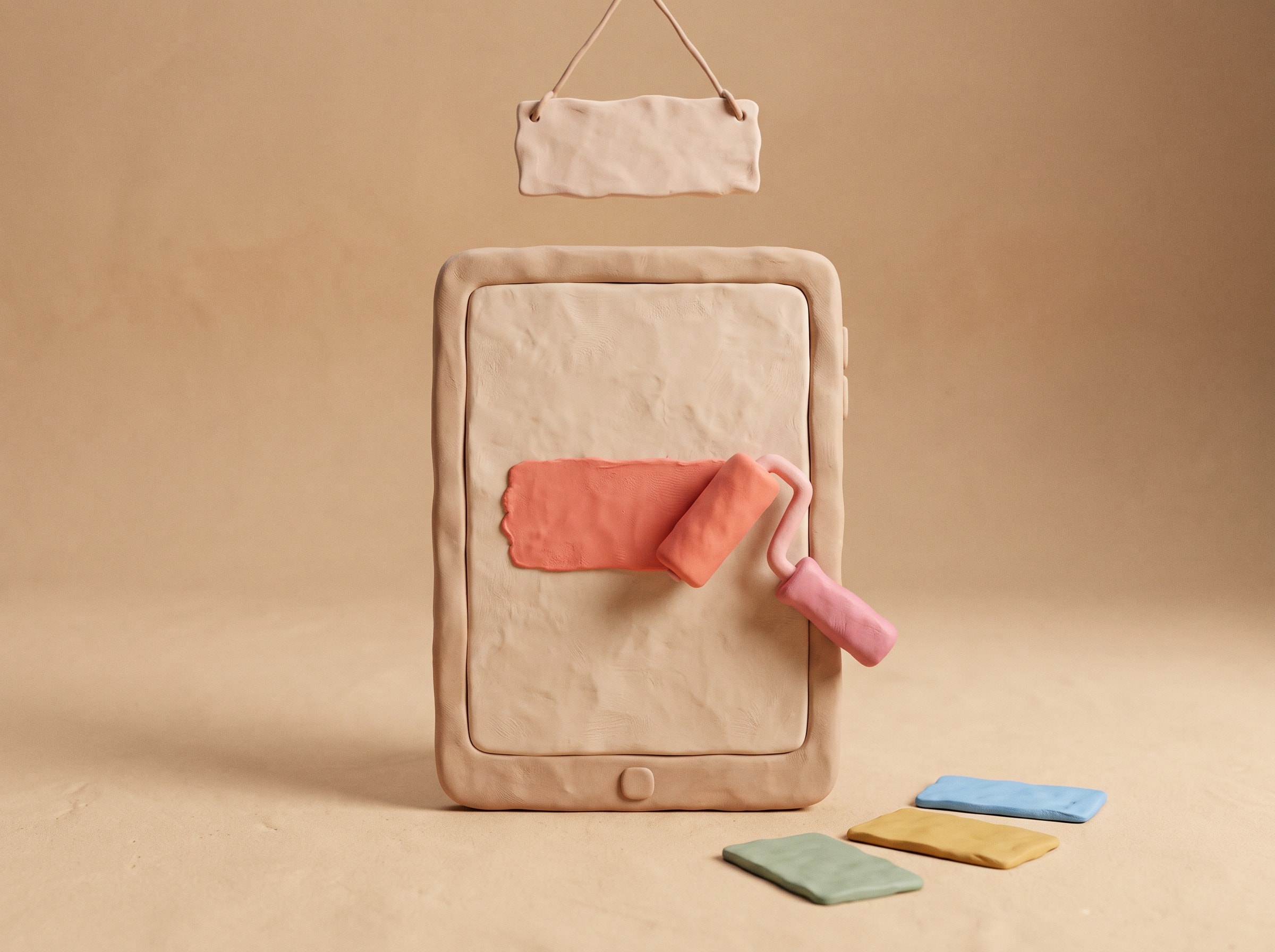 Clay tablet being painted with a pink roller, with colour swatches on the floor.