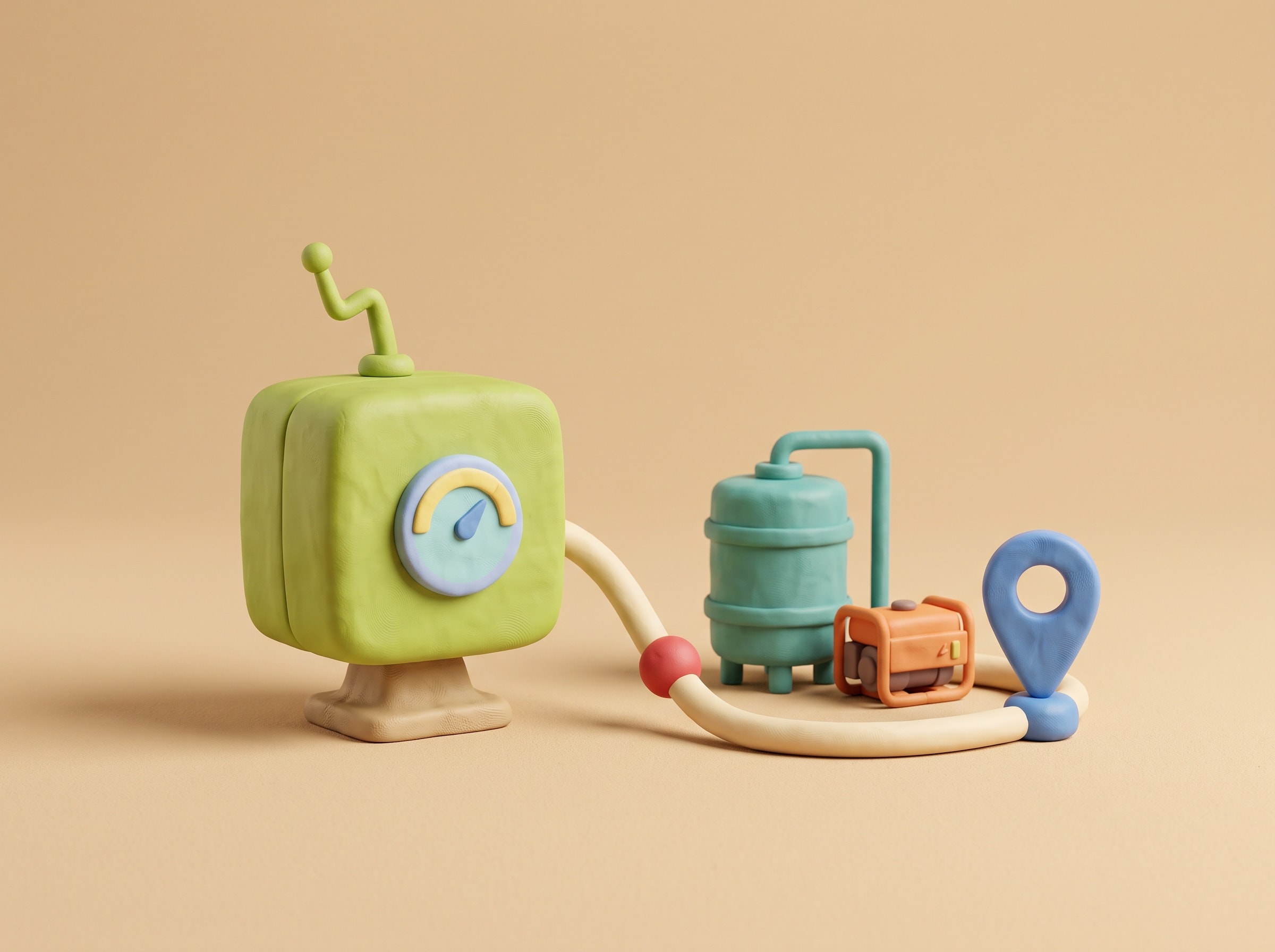 Clay sensor box with an antenna and gauge, linked by a tube to a tank, a generator and a map pin.