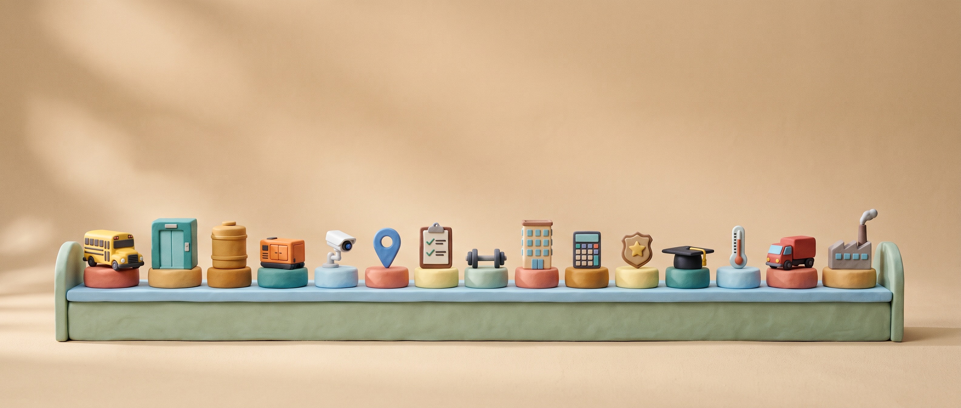 A clay toy-shop shelf with fifteen small objects on pastel pedestals: a bus, an elevator, a water tank, a generator, a camera and more.