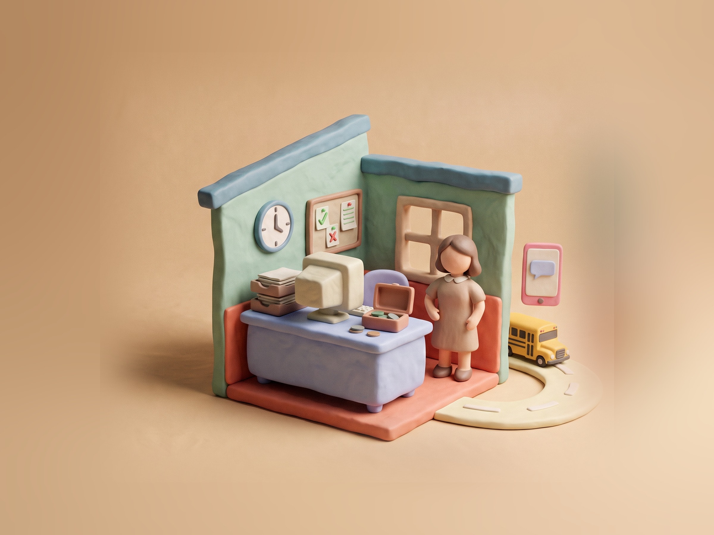 A clay school office with a desk, computer, forms, a bus on a looping road and a phone with a chat bubble.