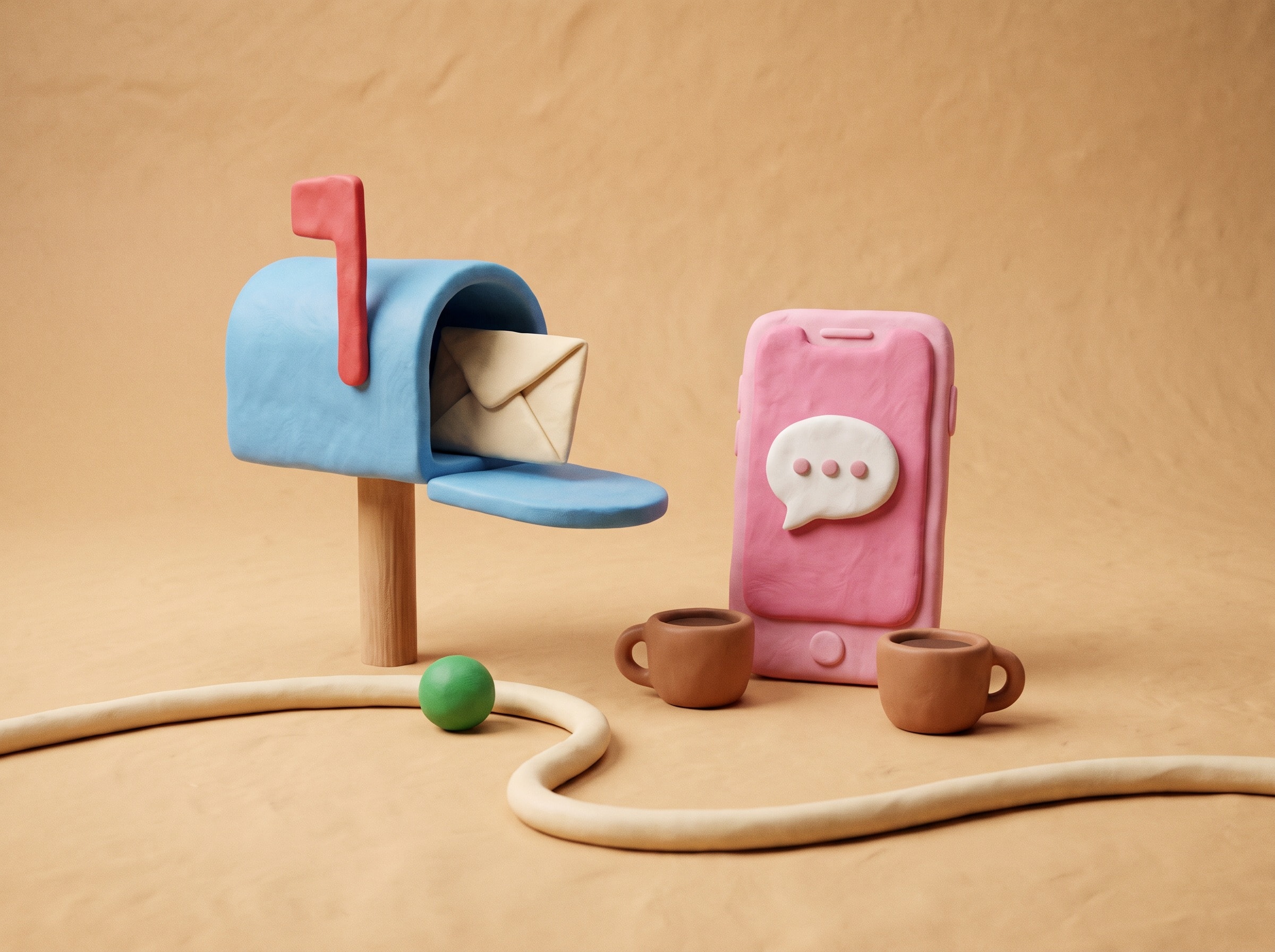 A clay mailbox with its flag up, a phone with one speech bubble, and two small coffee cups.