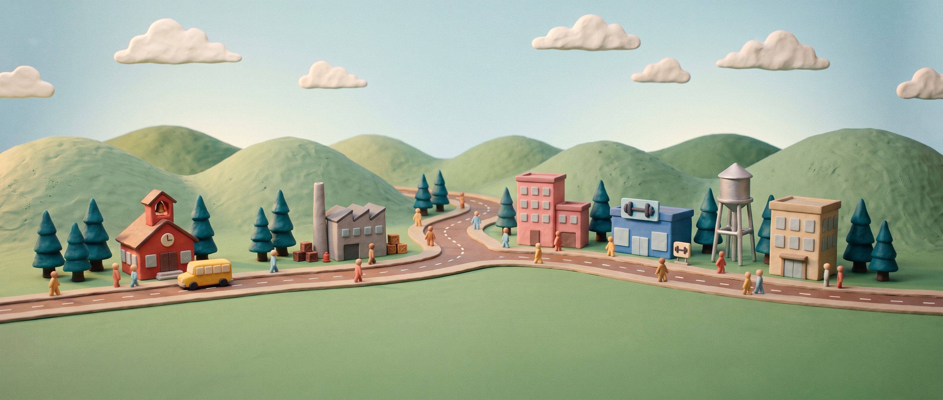 A clay town along one winding road: a school, a factory, an apartment block, a gym, an office and a water tower among pine trees.