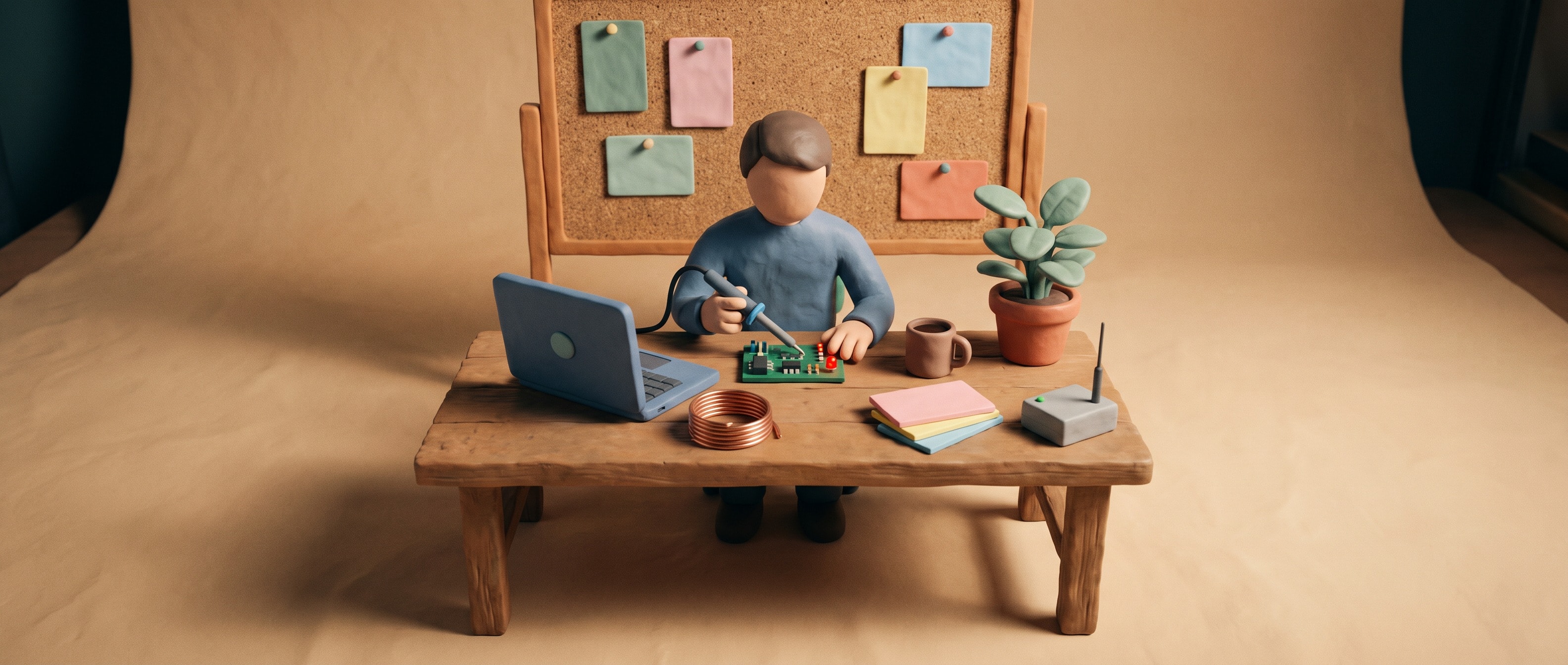 A clay studio workbench: a laptop, a soldering iron, a small circuit board, a sensor box, a coffee mug and a pinboard, with one figure at work.